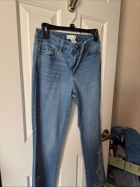 Rachel Zoe Light Blue Flare Jeans with Embroidered Hem and Leg